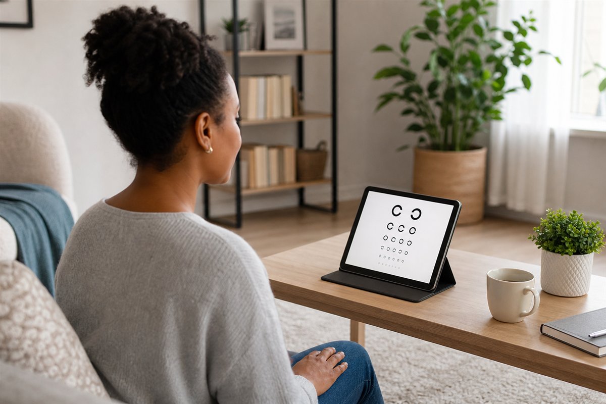 An adult following a non-clinical vision screening exercise on a tablet at home