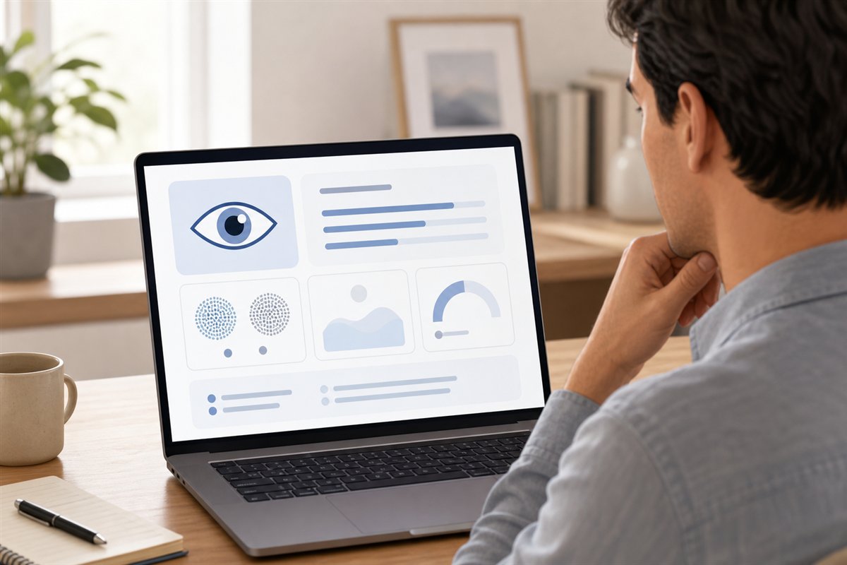 Illustration of an adult reviewing a generic, non-diagnostic vision-screening summary on a laptop